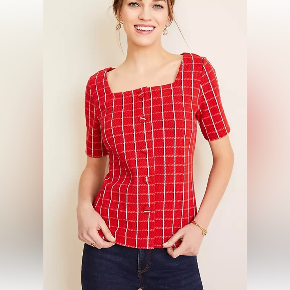 Ann Taylor Tweed Square Neck Button Top XS red white top